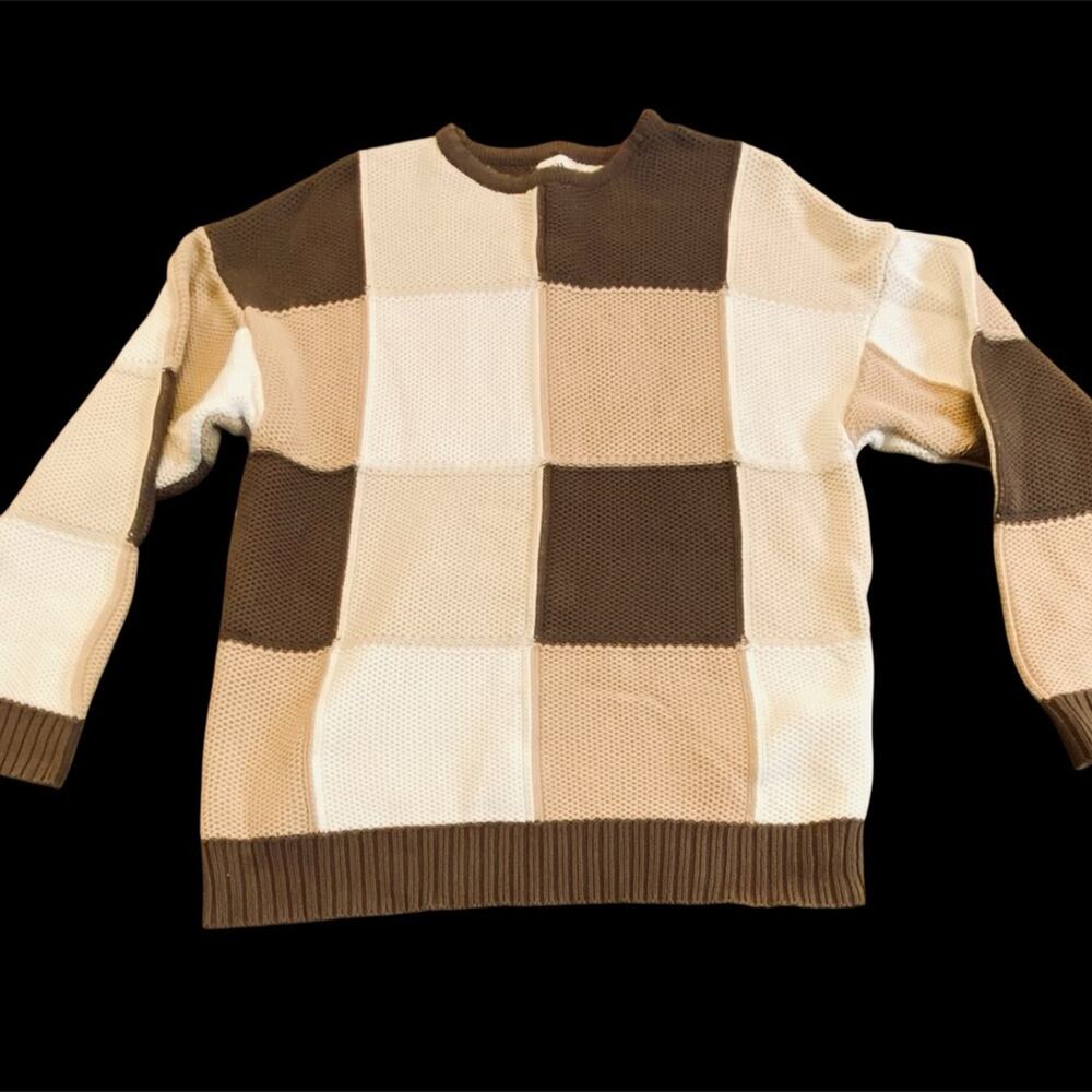 Zara Women's Patchwork Crewneck Sweater - Brown and Cream